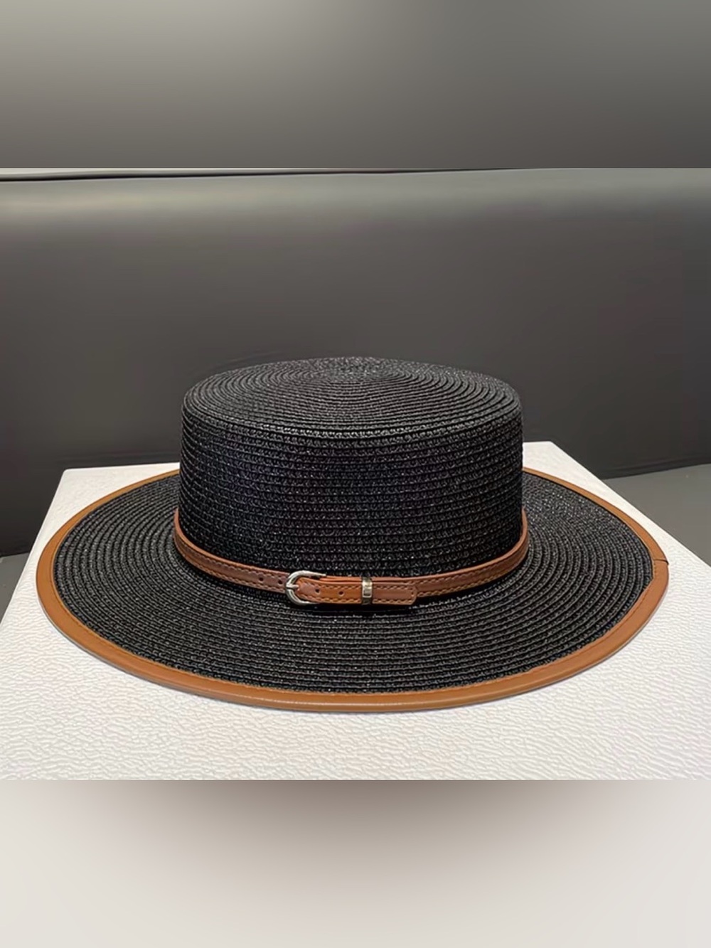 NWT Summer Straw Panama Hat Boater Cap Black Brown Trim Adjustable